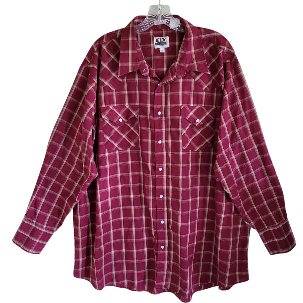 Vintage Ely Cattleman Red Plaid Shirt Men's‎ 2X Pearl Snap Long Sleeve